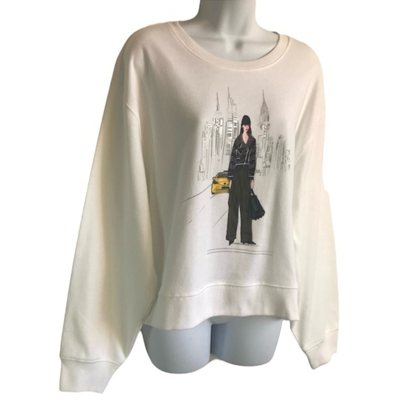 DKNY Women’s L White NYC Yellow Taxi Cityscape Graphic Crewneck Sweatshirt NWT - Picture 7 of 15